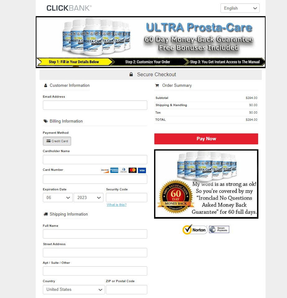 Ultra Prosta Care order page